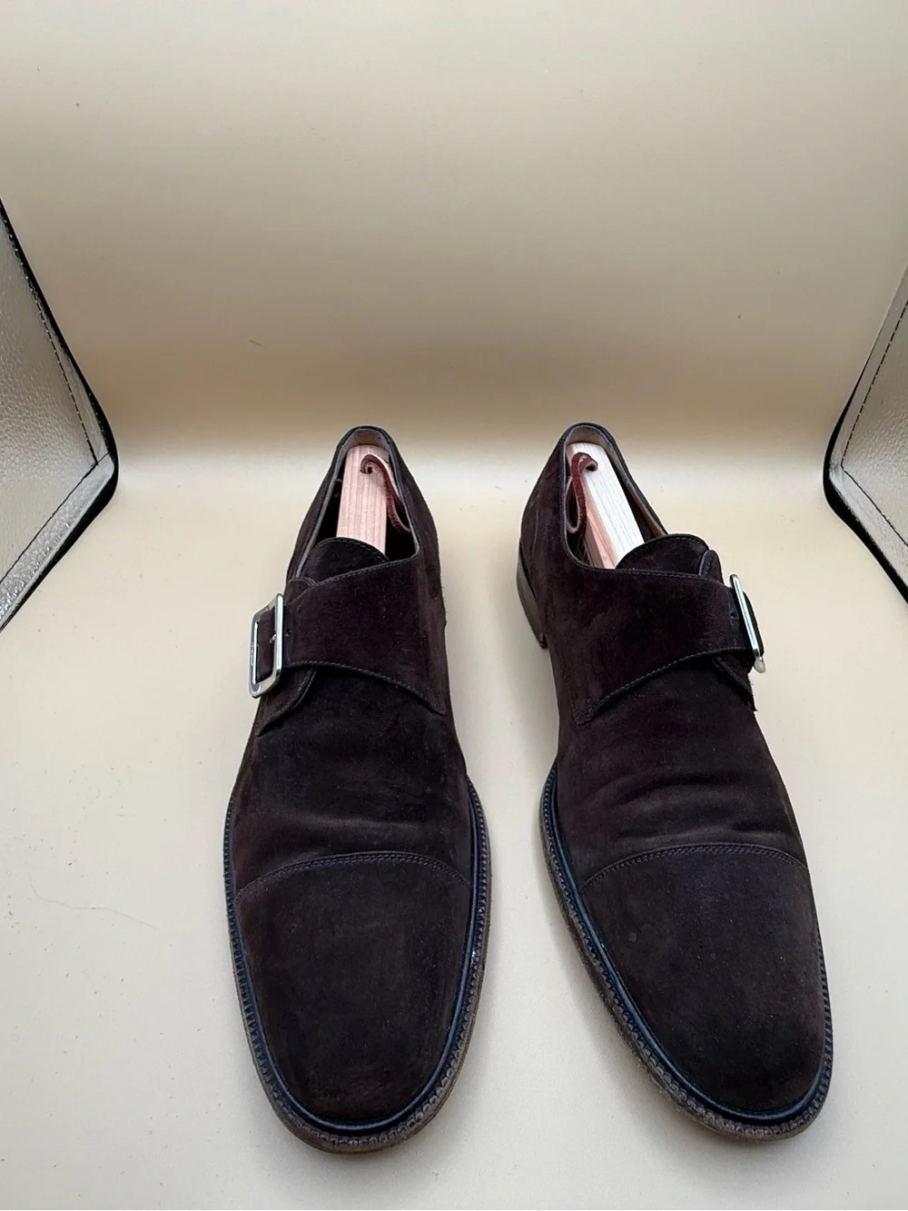Salvatore Ferragamo Studio Brown Suede Single Monk Strap Shoes Box COA 8 D
